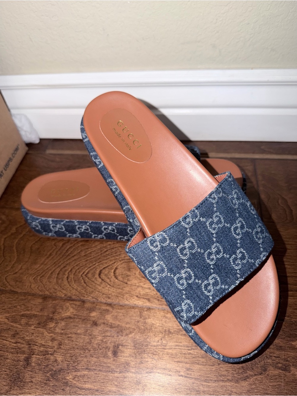 Fashion  Women's Denim Logo Slide Sandals in Navy Blue -*fit like a women’s 11*